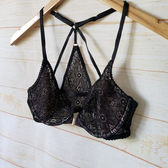 Victoria's Secret Very Sexy Lace Unlined Plunge Underwire Bra 34B Goth Black - Picture 2 of 13